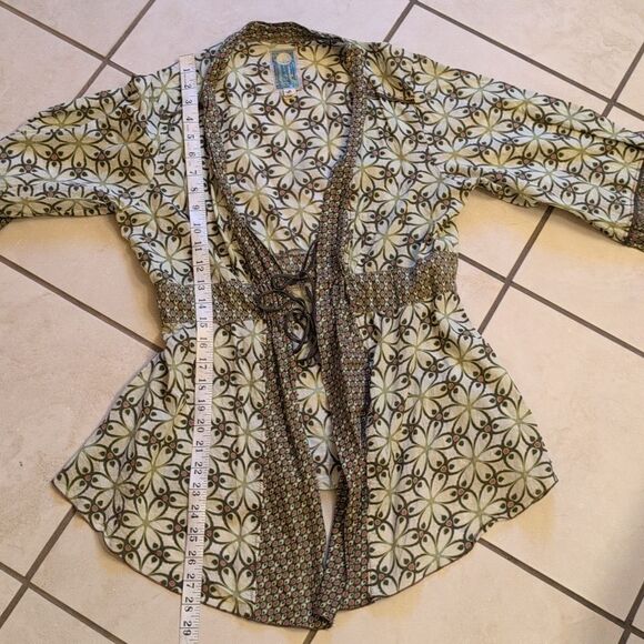 Burning Torch Anthropologie lightweight cotton kimono tie front green pattern M - Picture 9 of 10